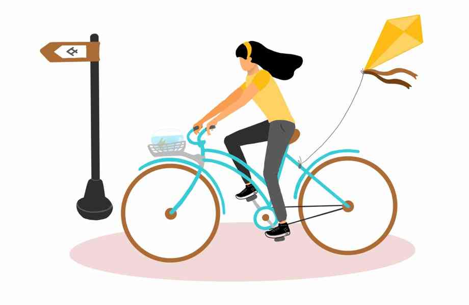 Illustration of person riding a bike with a kite