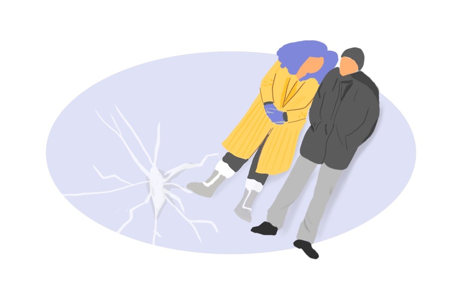 Illustration of two people laying on the ice