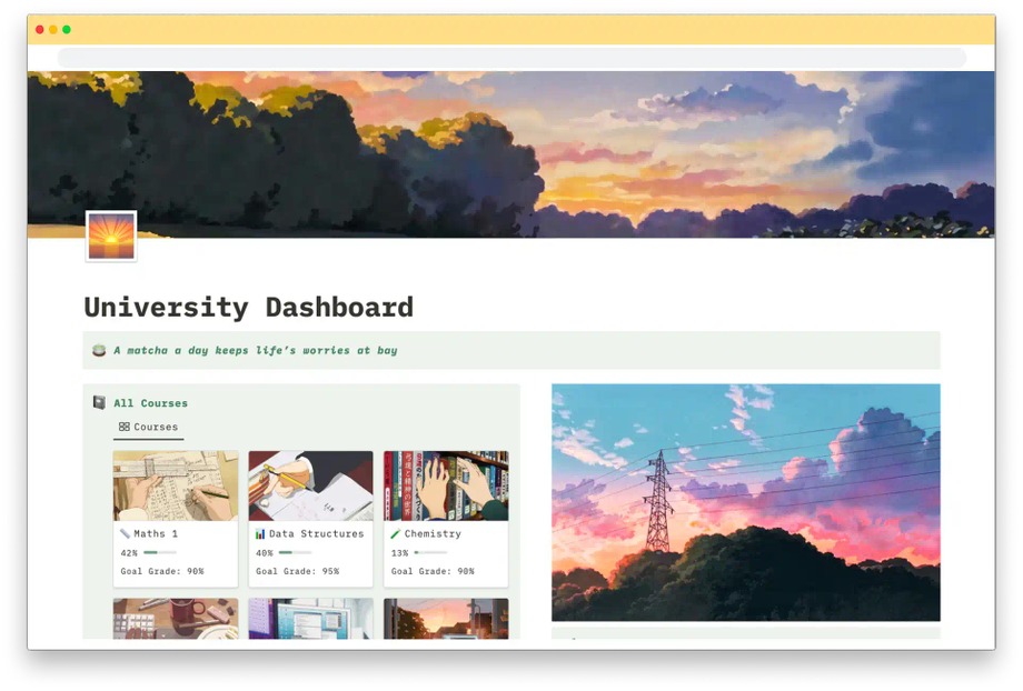 Sunset Serenity University Dashboard Notion template by The Matcha Vibe