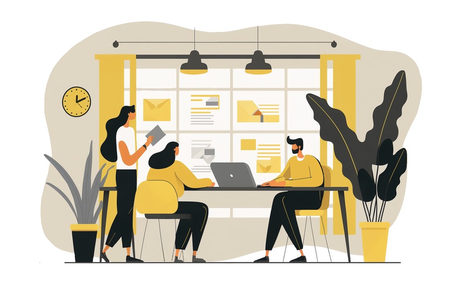 Illustration of a team working on productivity blog