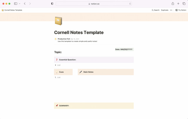The Cornell Notes Notion template open in a workspace