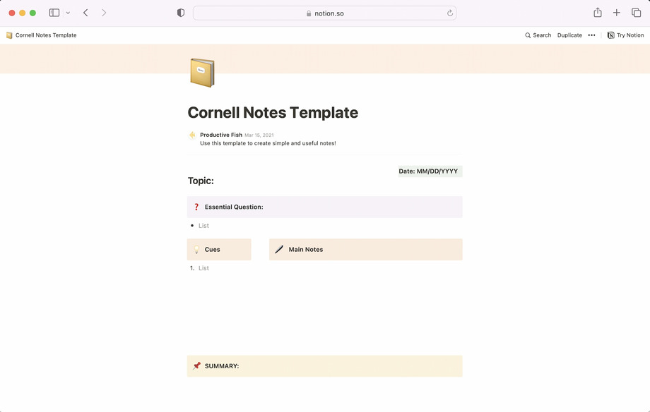 Cornell Notes Notion template screenshot