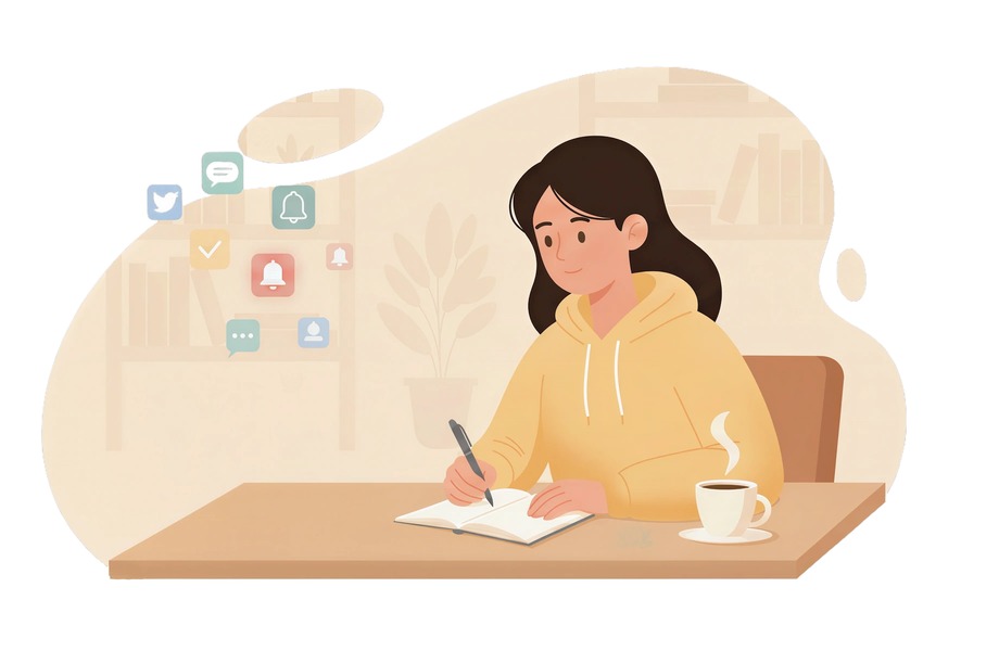Illustration of a person practicing digital minimalism with a calm workspace