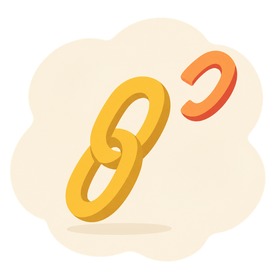 Flat illustration of a small orange chain link drifting away from two joined yellow links, showing a habit stack breaking