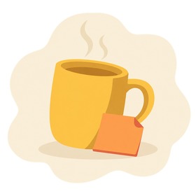 Flat illustration of a yellow coffee mug with a small orange sticky note leaning against it, showing a new habit attached to a daily anchor