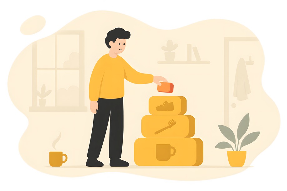 Illustration of habit stacking: a new habit linked on top of an existing morning routine