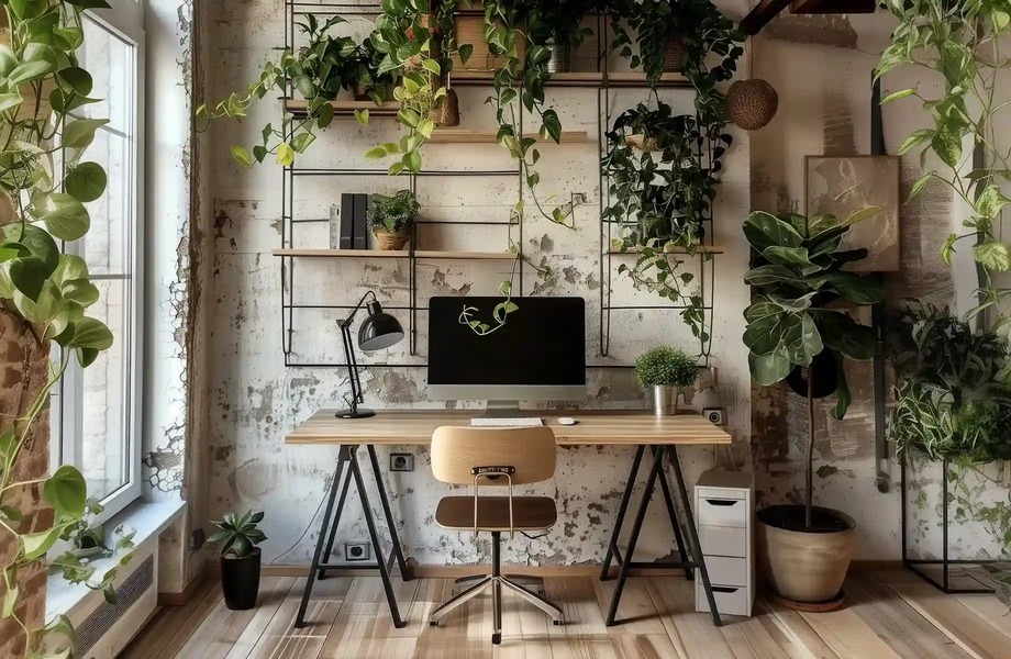 An atmosphere  home office full of plants