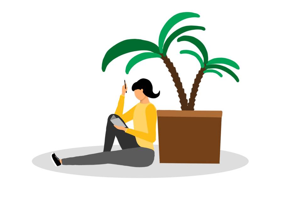 Illustration of a person sitting under the palm tree and writing