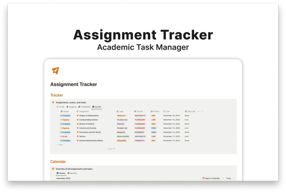 Academic Task Manager Notion template by Kevechino