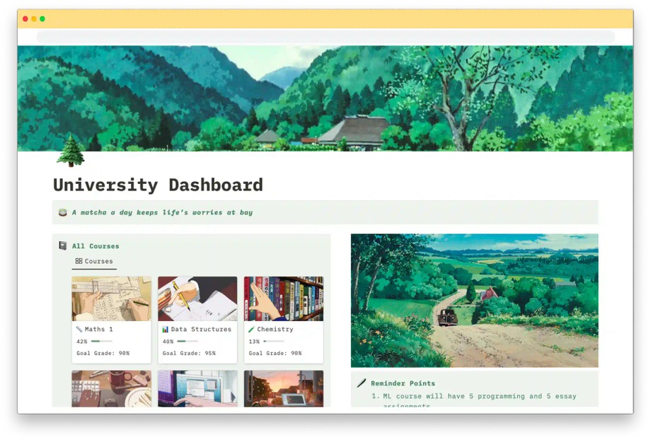 Chill Green University Dashboard Notion template by The Matcha Vibe