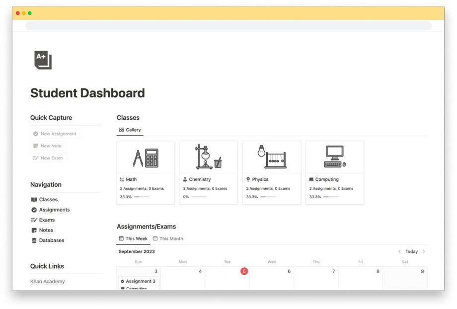Easlo's Student Dashboard Notion template for students