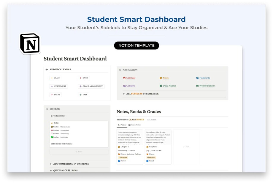 Student Smart Dashboard Notion template by BlocksPad