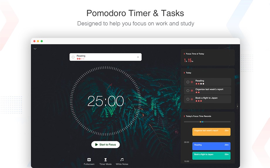 Focus To-Do Chrome extension showing the Pomodoro timer alongside its task list