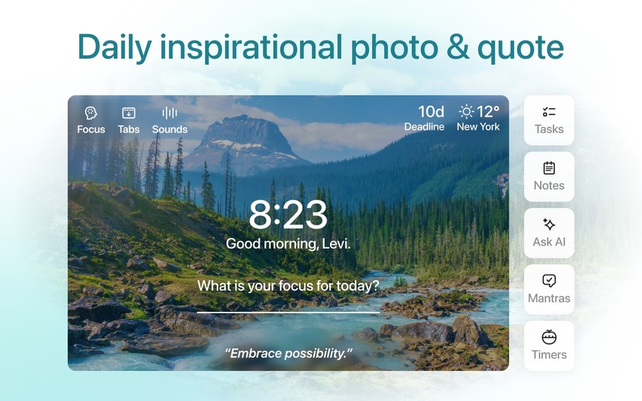 Momentum Chrome extension new tab page with a scenic photo, greeting, and daily focus prompt