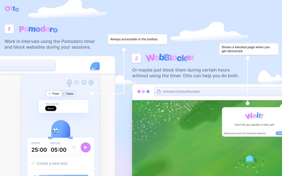 Otto Chrome extension showing its Pomodoro timer alongside the website blocker and blocklist