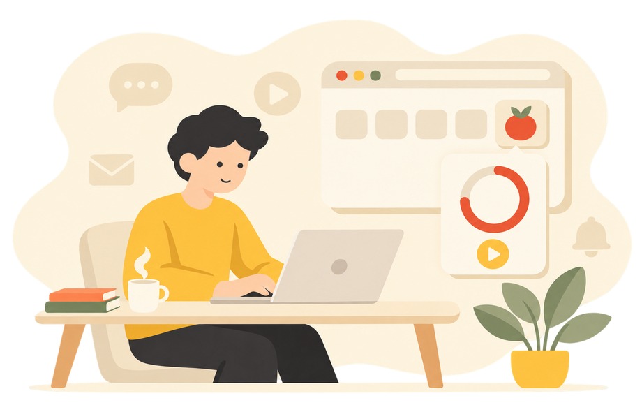 Person working at a laptop beside an oversized browser window with a Pomodoro timer extension counting down a focus session