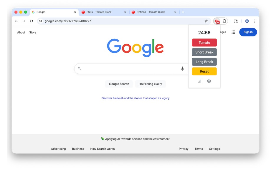 Tomato Clock Chrome extension popup counting down a 25-minute Pomodoro from the browser toolbar