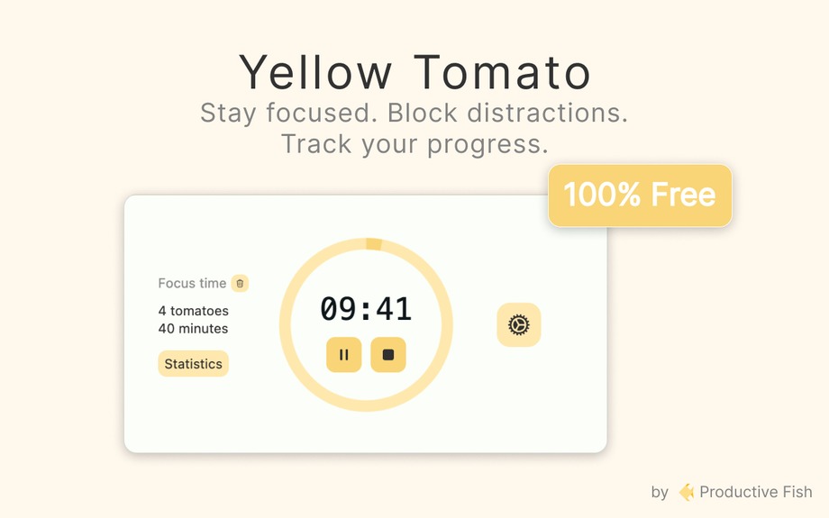 Yellow Tomato Chrome extension showing the Pomodoro timer, focus stats, and daily streak