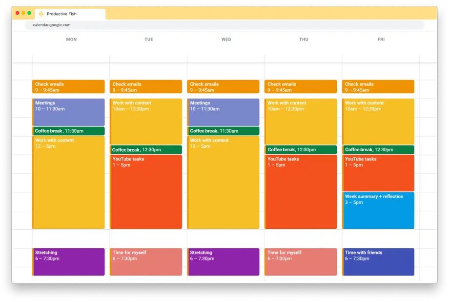 An example of using the time blocking methods in Google Calendar