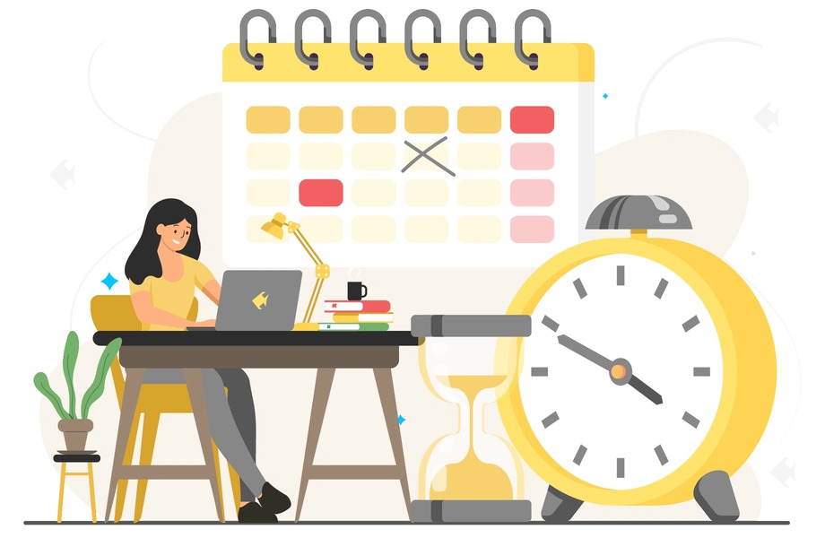 An illustration of a person using time management tools while working